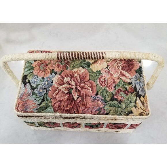 Flowered tapestry wicker/rattan sewing basket - Picture 1 of 11